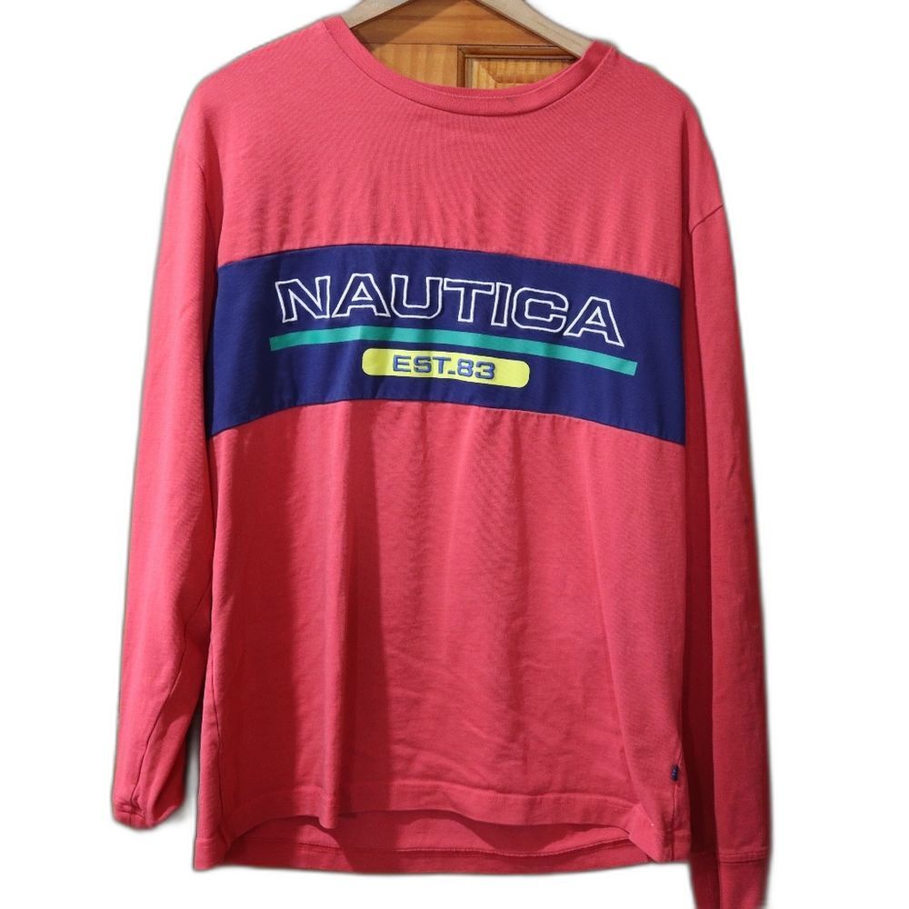 Nautica Red Mens Long Sleeve Spellout 90s Y2K Vintage Preppy Streetwear M